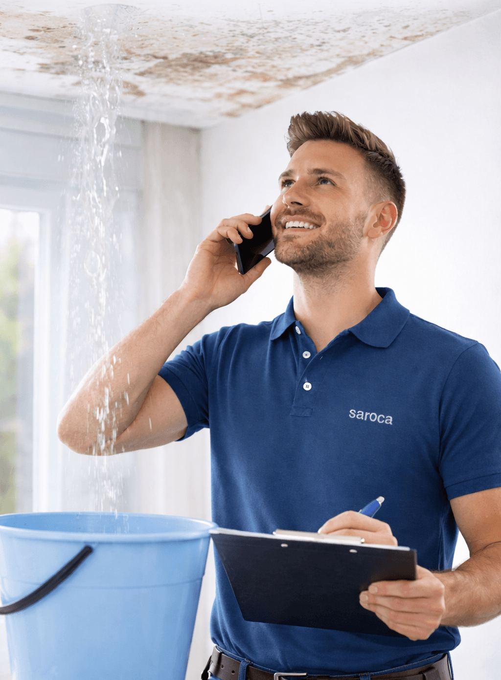 Interlocuteur Saroca au téléphone devant une fuite en cours