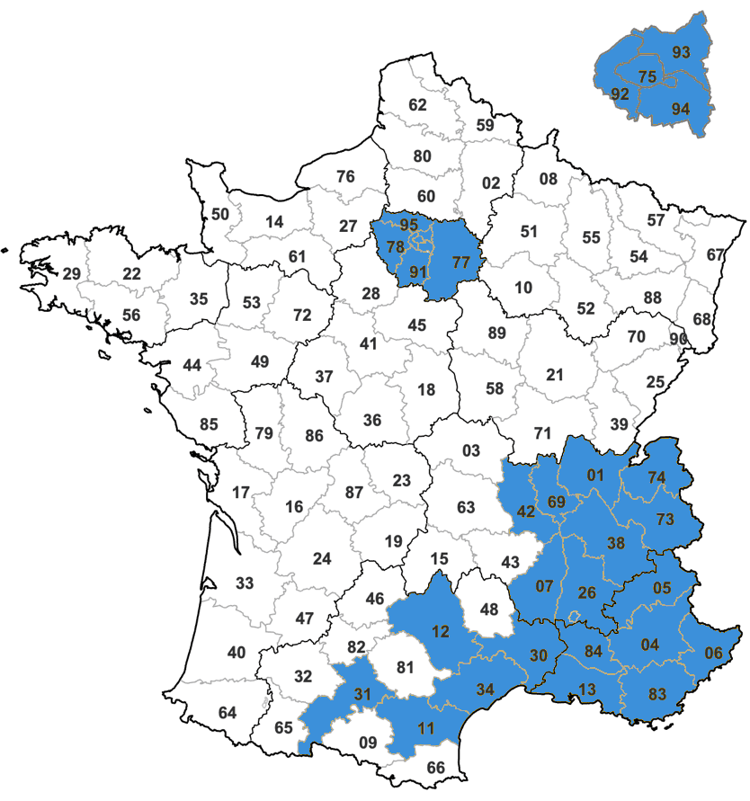 Carte des zones d’intervention Saroca pour la recherche de fuite en Île-de-France, PACA, Occitanie et Drôme