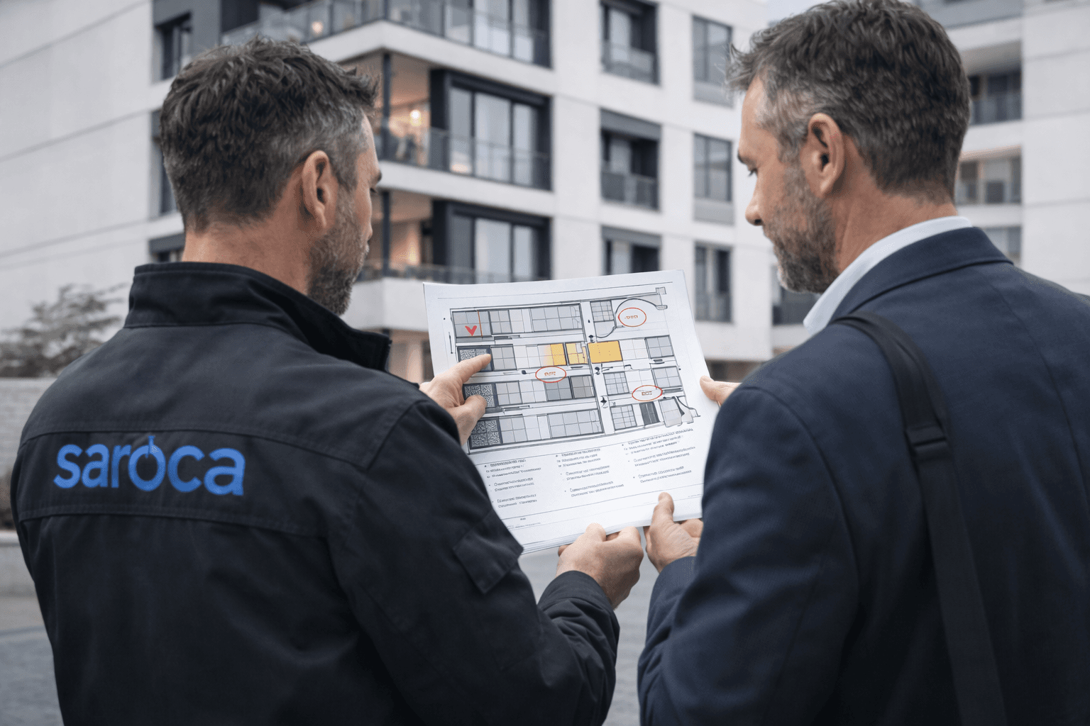 Réunion technique sur site entre intervenants de copropriété